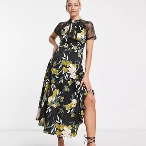 ASOS Maternity A Line Midi Dress Floral Lace Mock Neck Black Botanical Liquorish